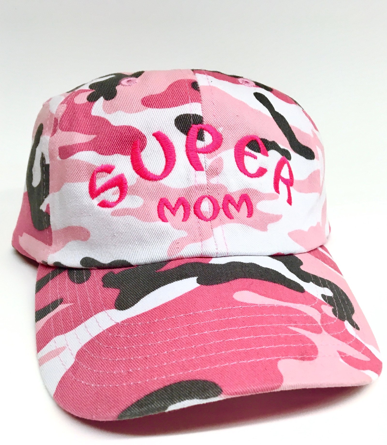 Pink camo cap with custom Super Mom embroidery