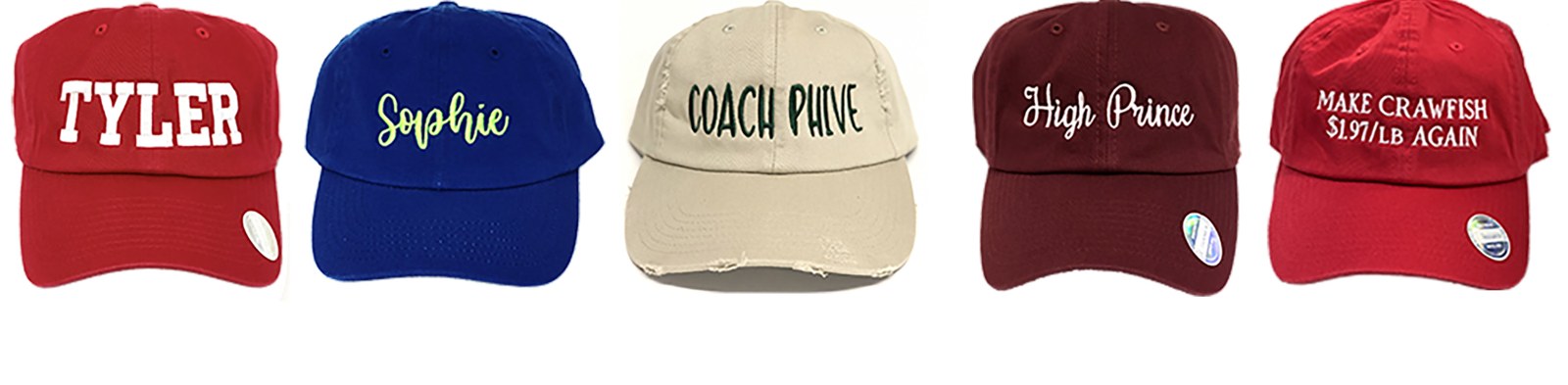 Five custom embroidered caps in team and name designs