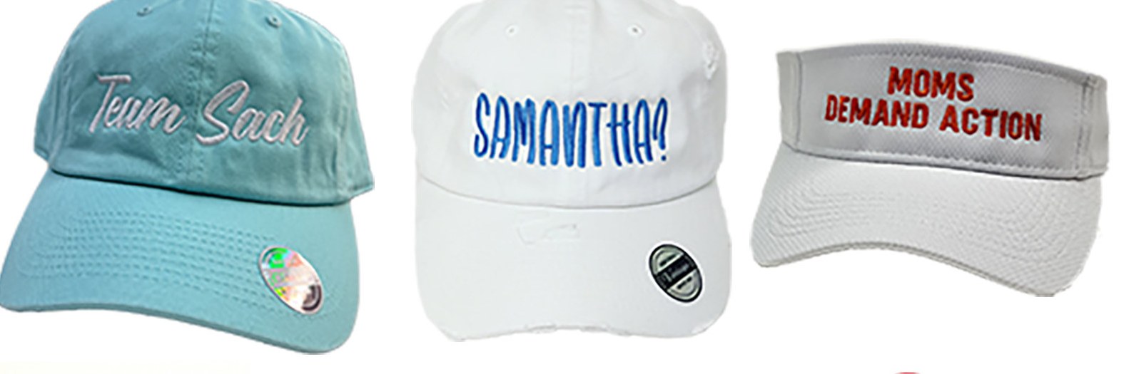 Script name embroidery on caps and a custom visor